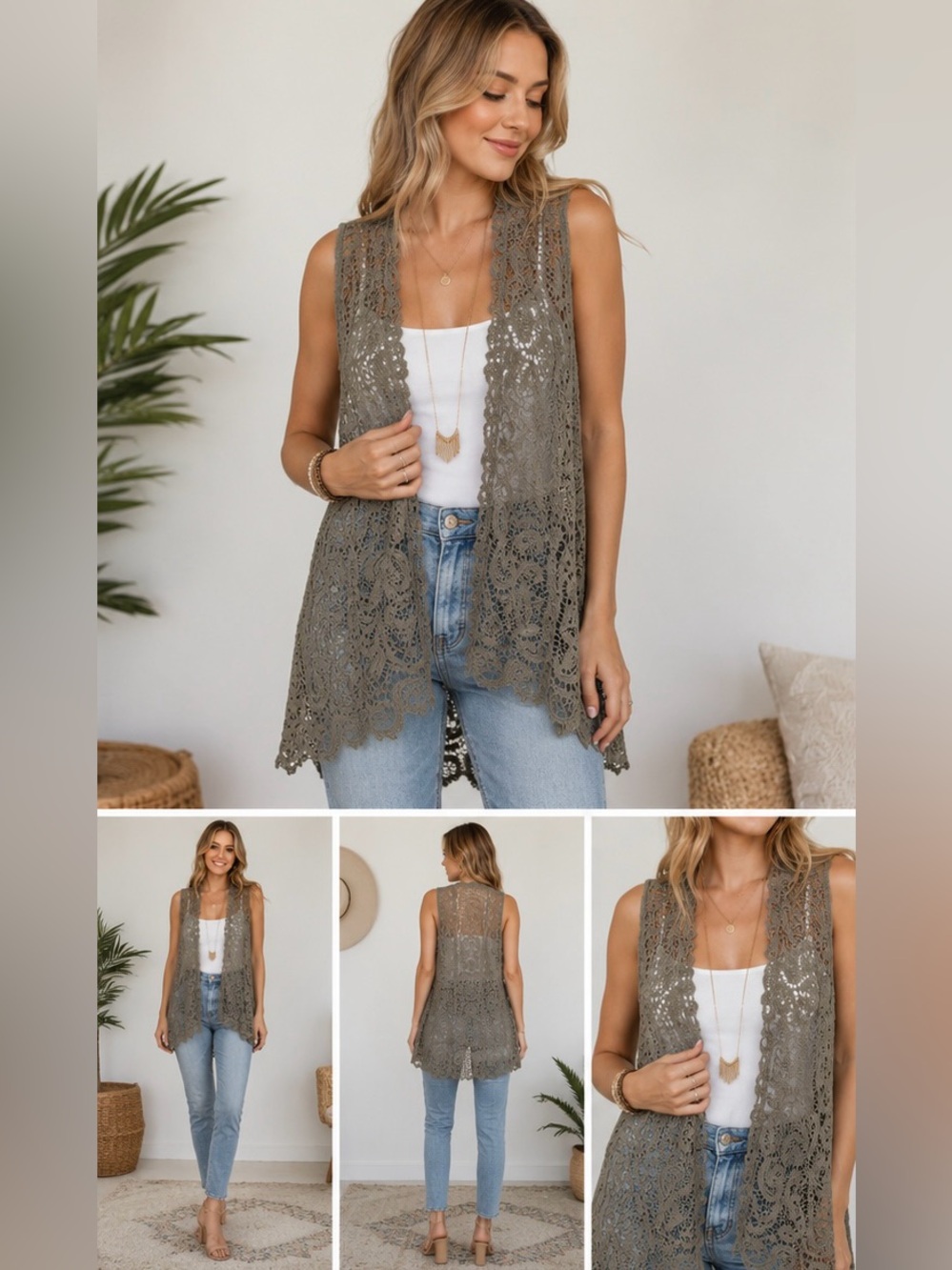 Daytrip Lace Open Front Flyaway Raw Edge Fashion Vest Cardigan S